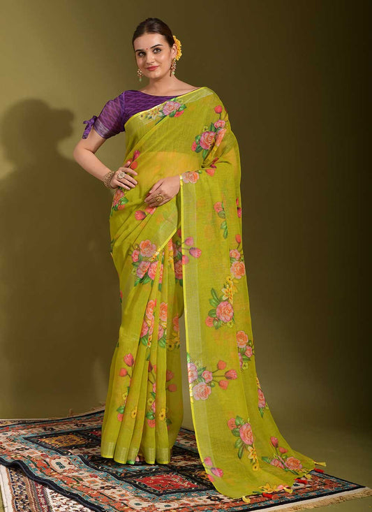 Classic Linen Green Print Saree