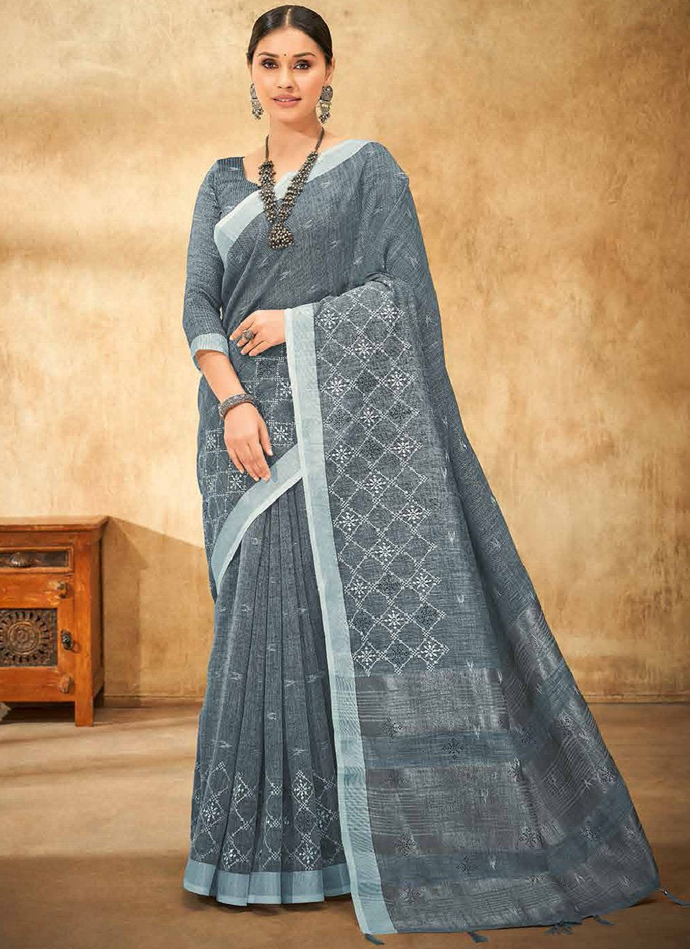 Classic Linen Grey Print Saree