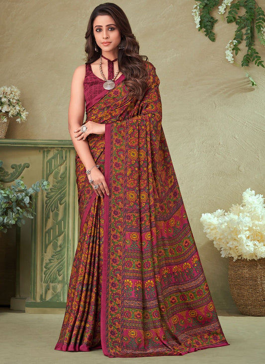 Classic Crepe Silk Magenta Print Saree