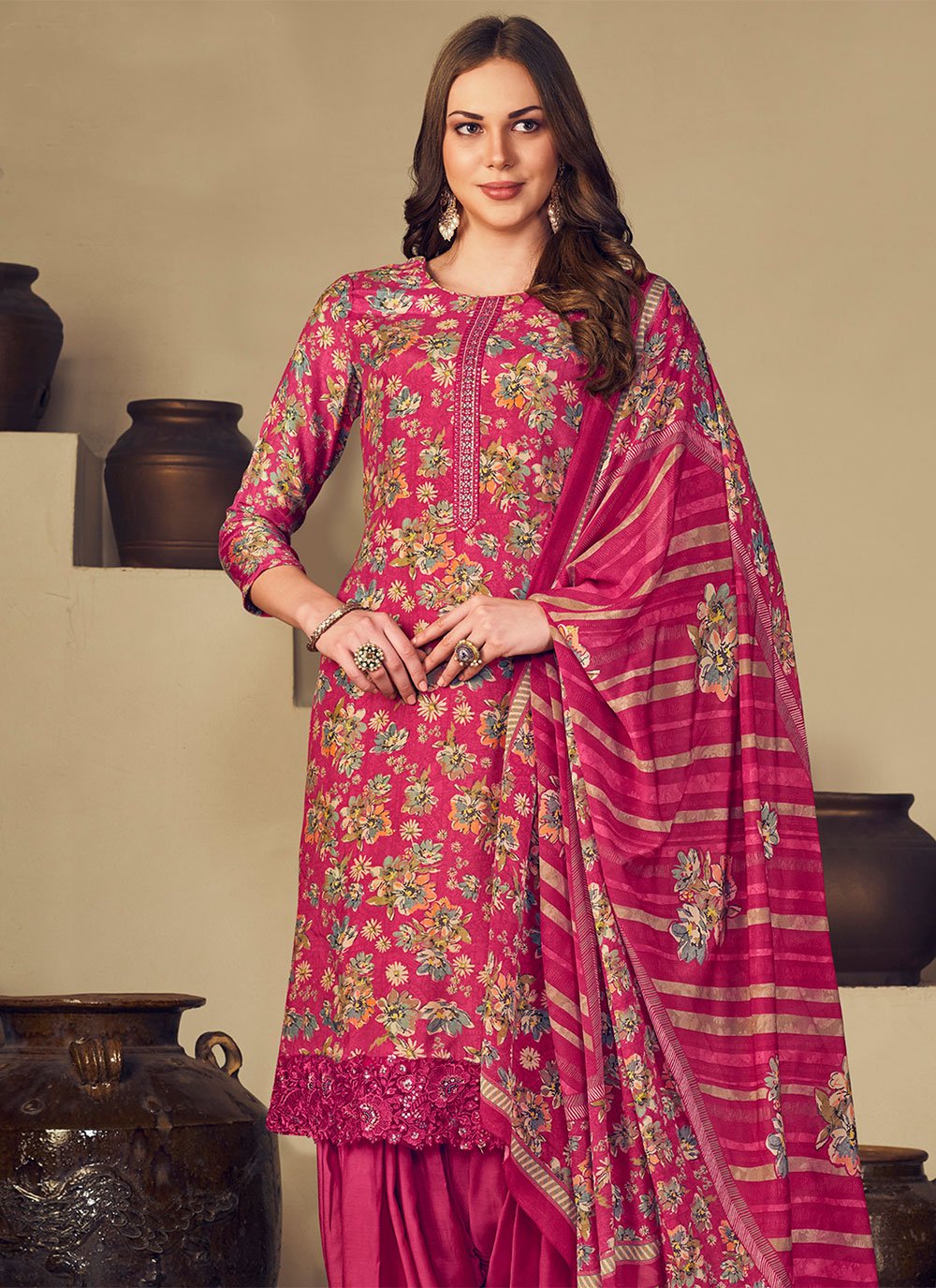 Punjabi Salwar Suit Muslin Magenta Embroidered Salwar Kameez