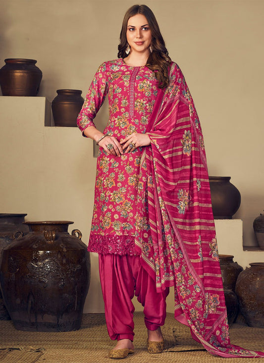 Punjabi Salwar Suit Muslin Magenta Embroidered Salwar Kameez