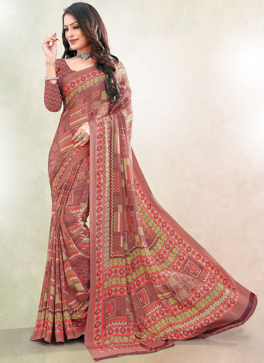 Contemporary Faux Crepe Mauve Print Saree