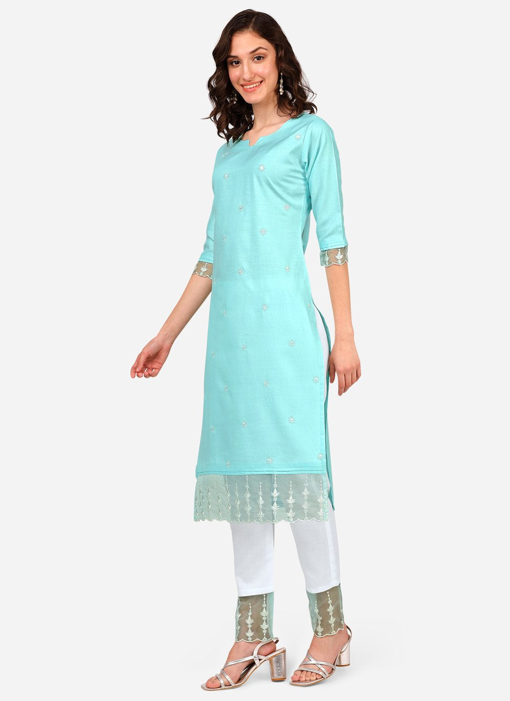 Pant Style Suit Blended Cotton Turquoise Embroidered Salwar Kameez