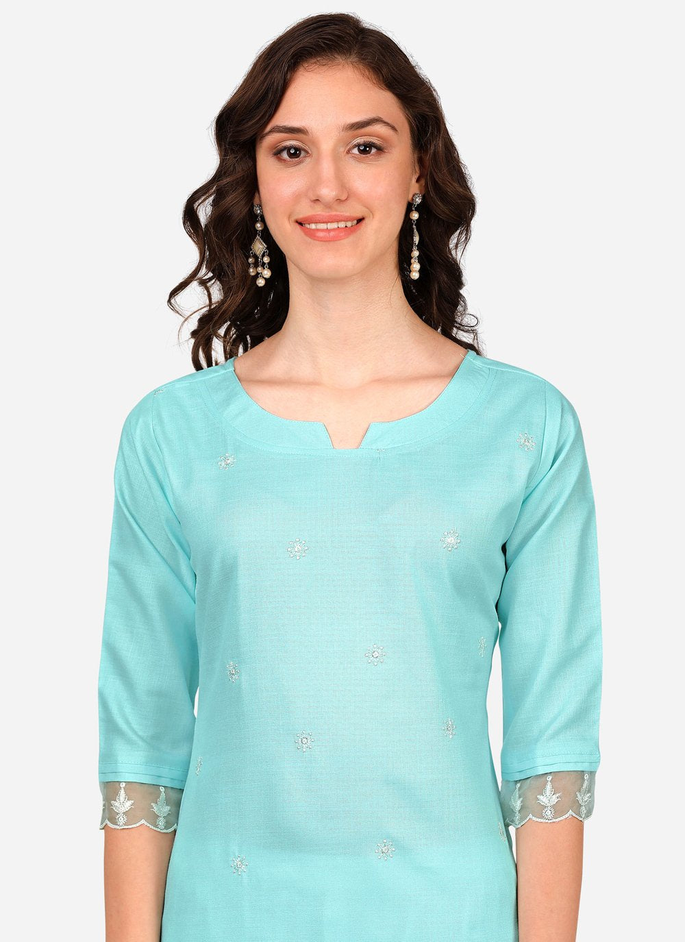 Pant Style Suit Blended Cotton Turquoise Embroidered Salwar Kameez