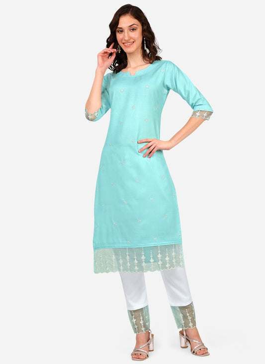 Pant Style Suit Blended Cotton Turquoise Embroidered Salwar Kameez