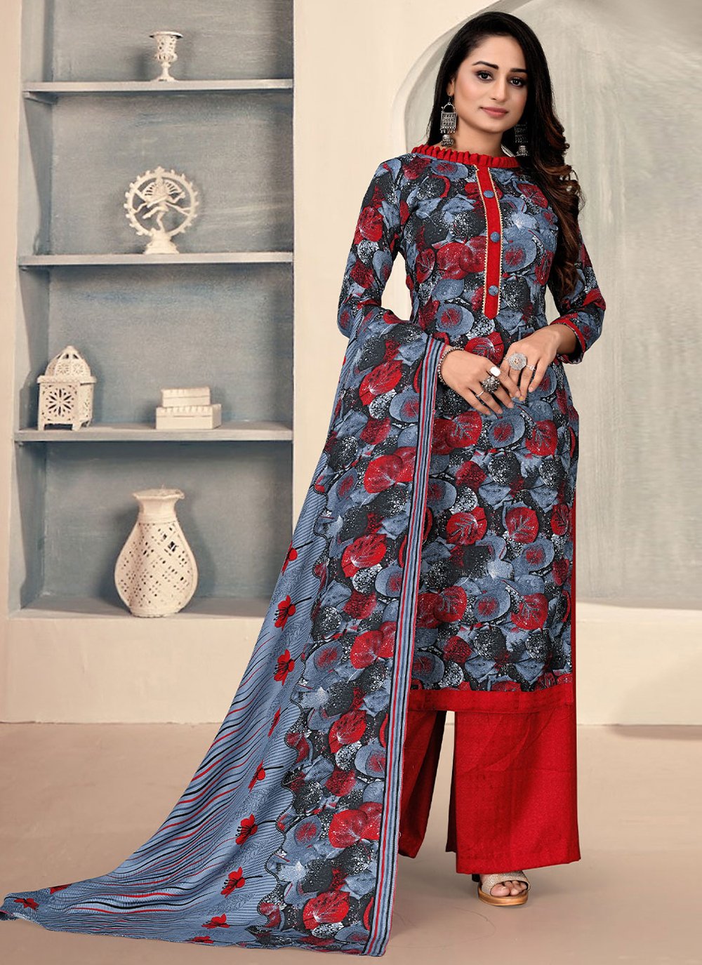 Palazzo Salwar Suit Pashmina Multi Colour Print Salwar Kameez