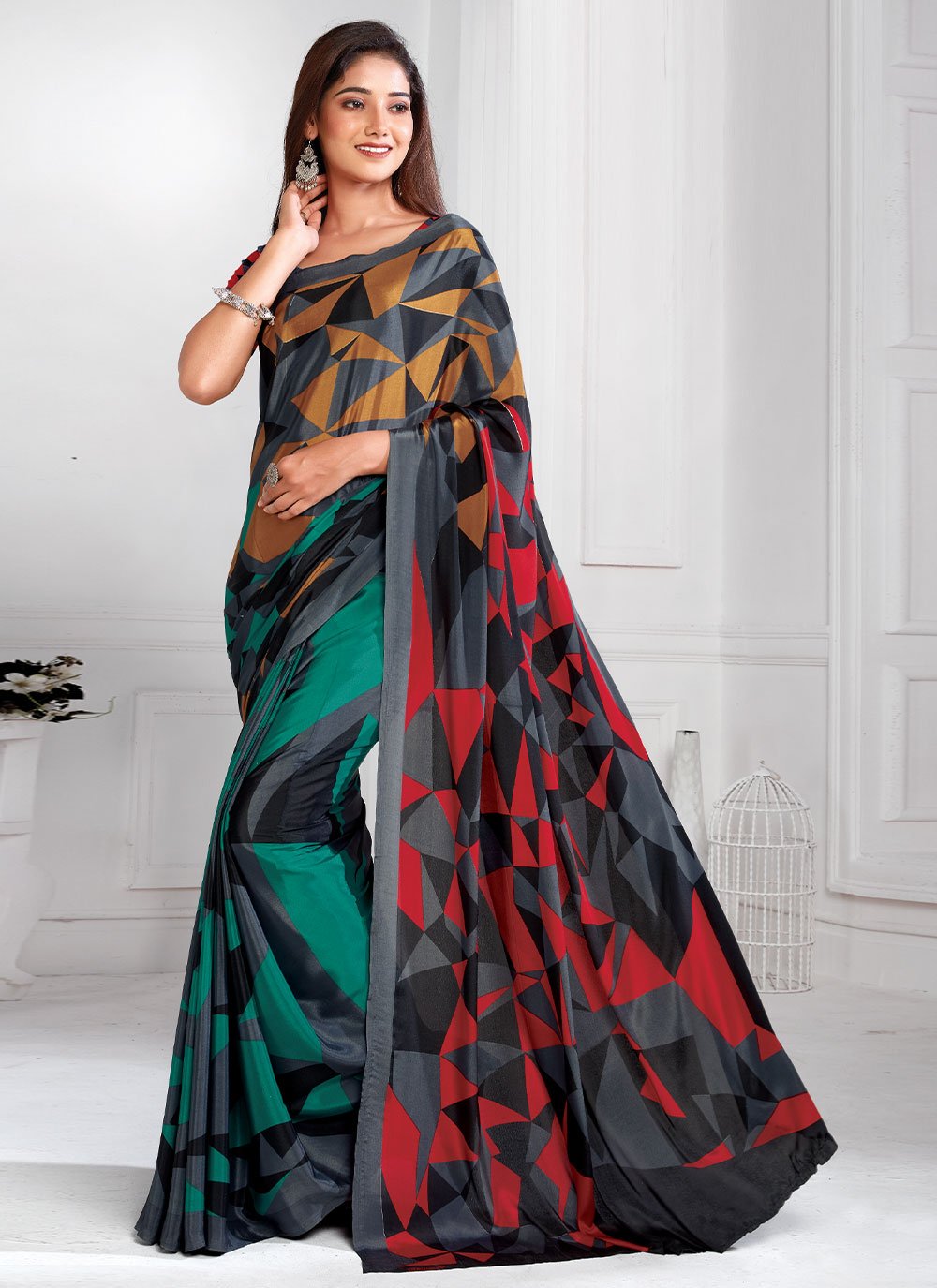 Classic Faux Crepe Multi Colour Print Saree