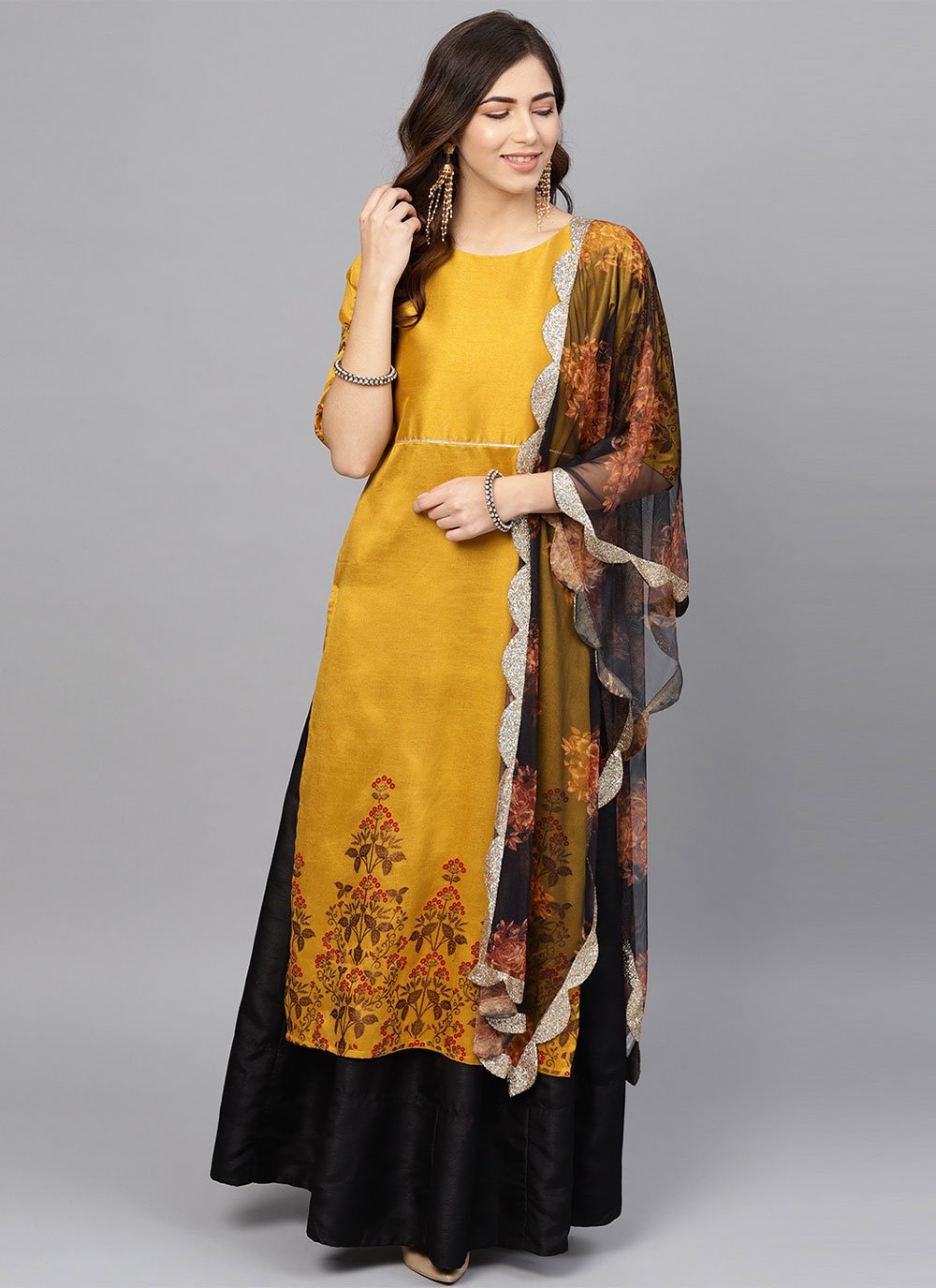 Salwar Suit Poly Silk Mustard Print Salwar Kameez