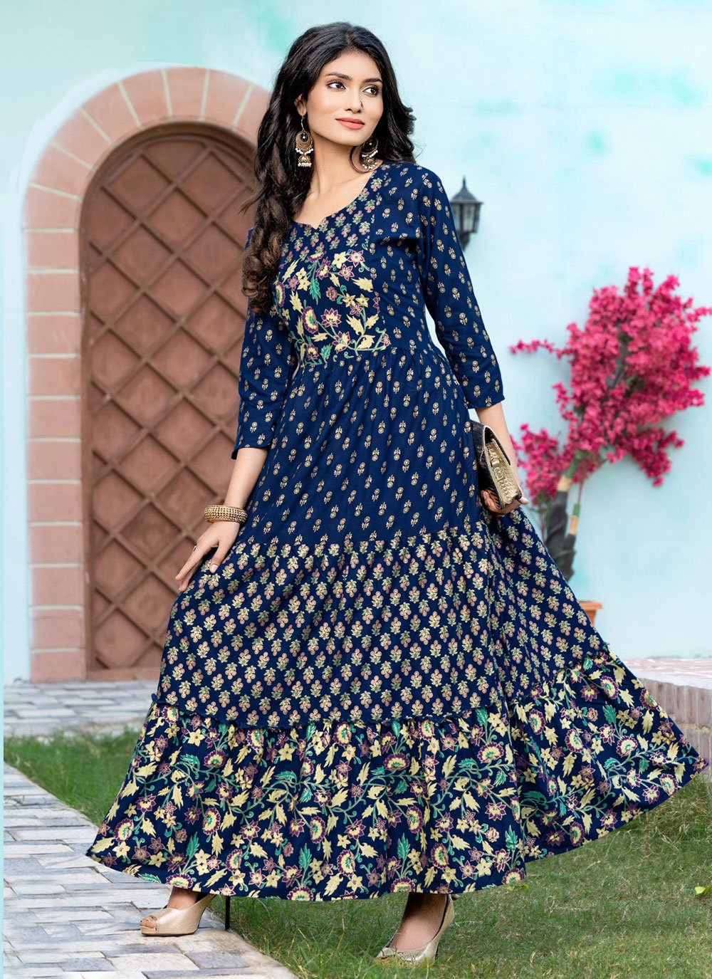 Designer Gown Rayon Blue Print Gown
