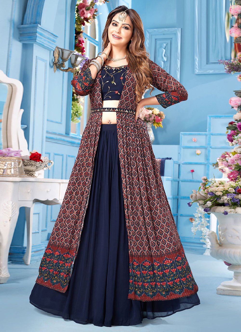 Lehenga Choli Georgette Silk Blue Print Lehenga Choli