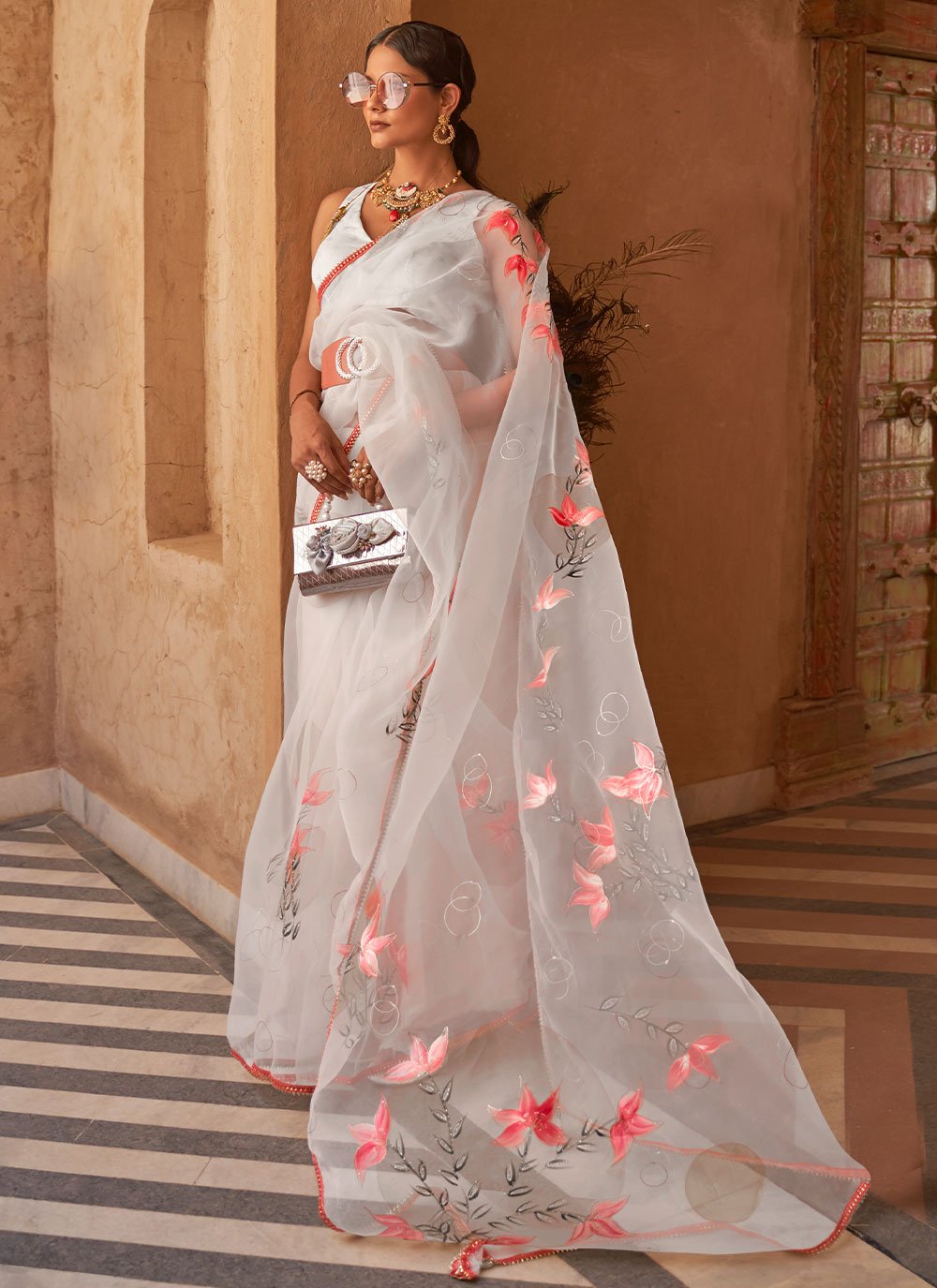 Classic Net Organza White Print Saree