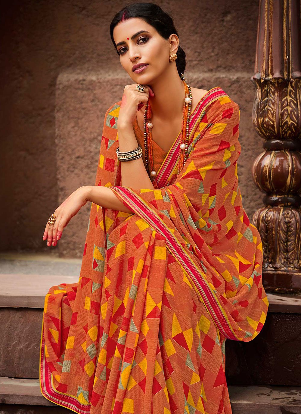 Classic Georgette Orange Print Saree