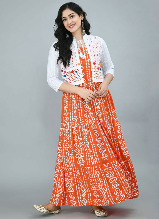 Gown Rayon Orange Print Gown