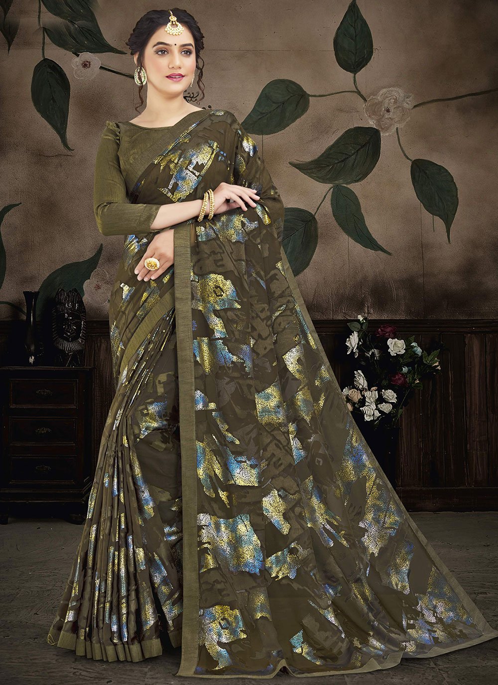 Classic Brasso Organza Green Print Saree