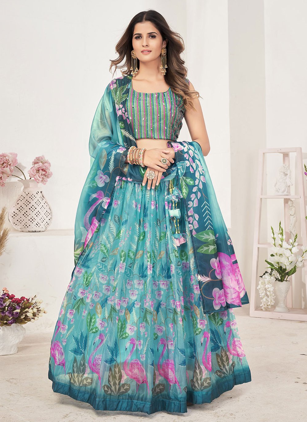 Readymade Lehenga Choli Organza Aqua Blue Print Lehenga Choli