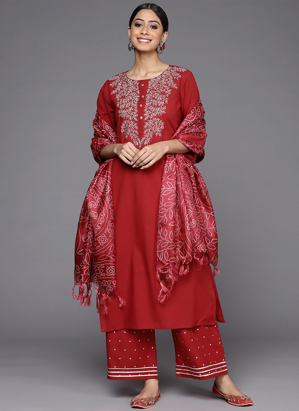 Palazzo Salwar Suit Cotton Red Print Salwar Kameez