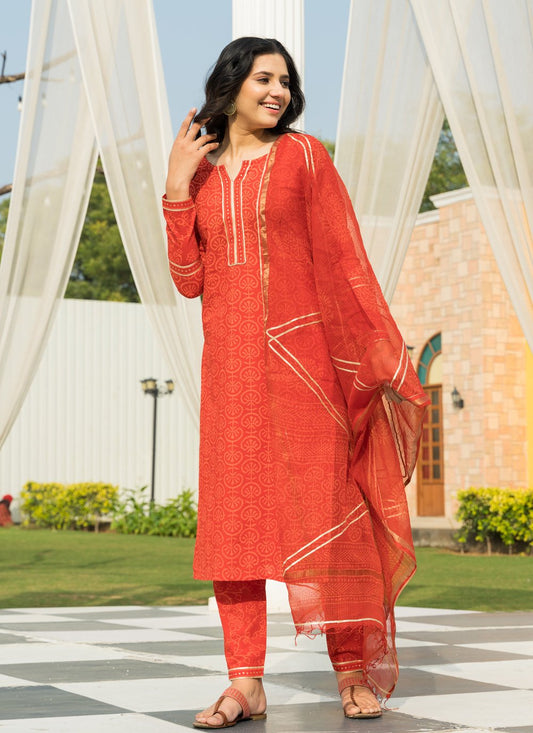 Pant Style Suit Cotton Orange Lace Salwar Kameez