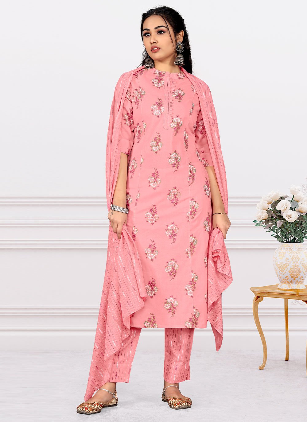 Pant Style Suit Cotton Pink Print Salwar Kameez