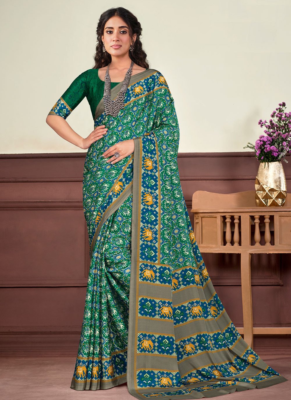 Classic Crepe Silk Turquoise Print Saree