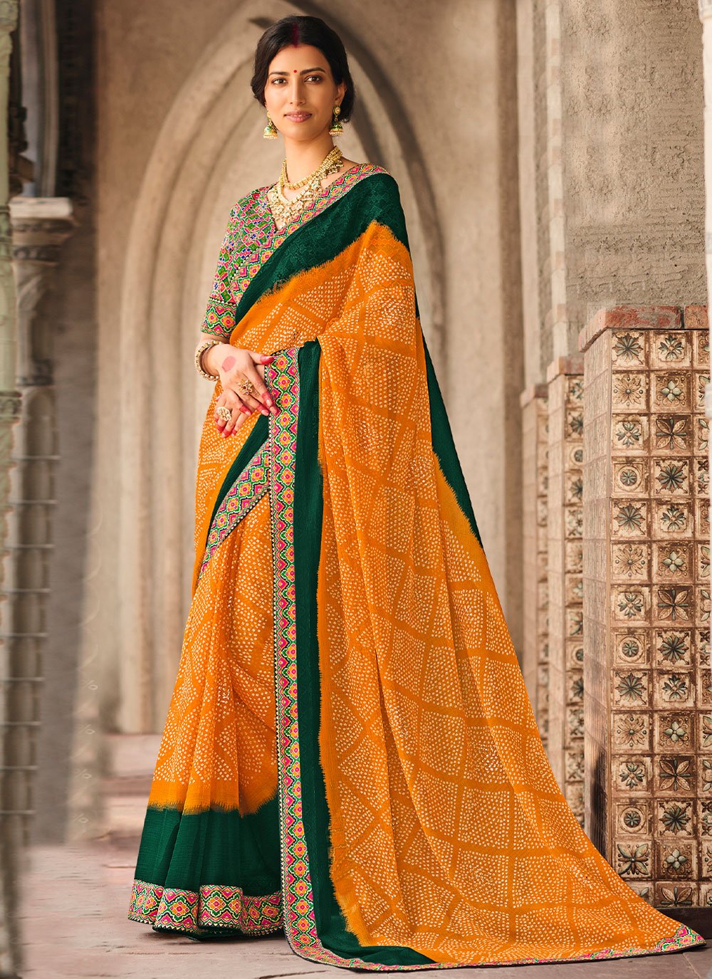 Contemporary Faux Chiffon Yellow Print Saree