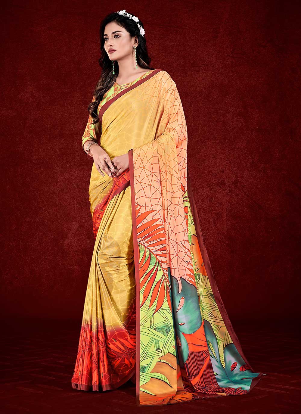 Contemporary Faux Crepe Multi Colour Print Saree