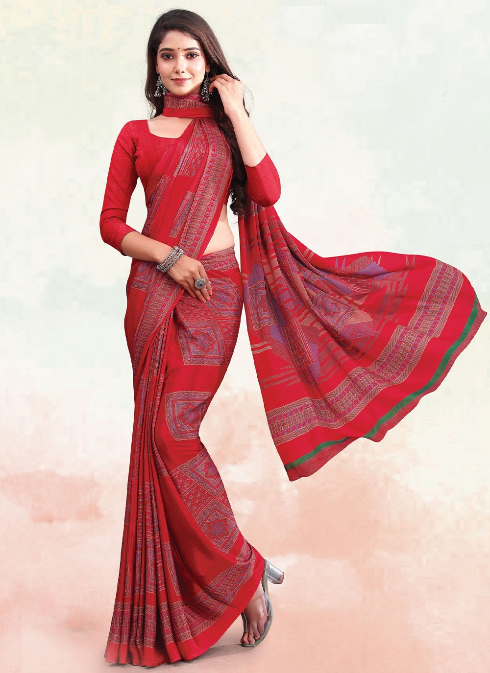 Classic Georgette Red Print Saree