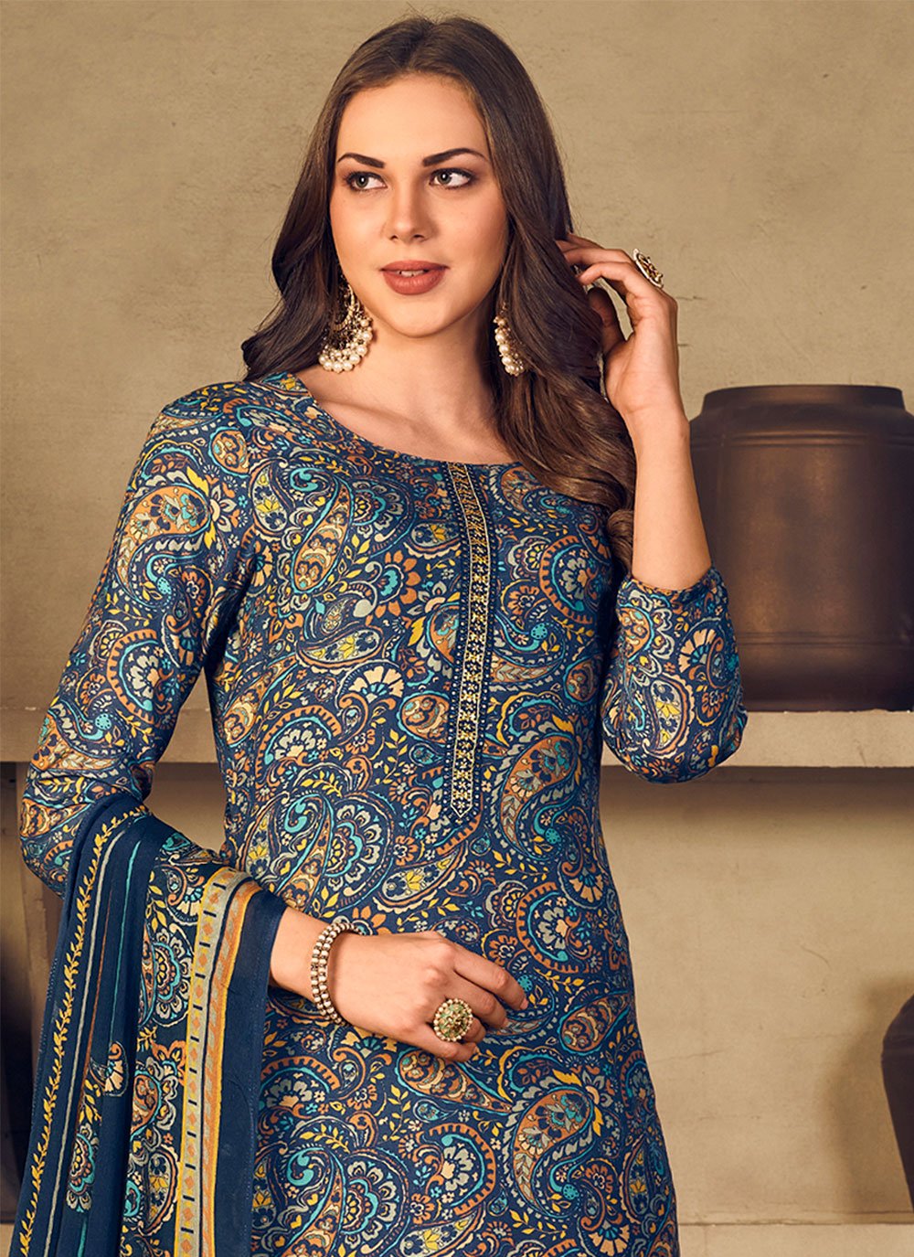 Salwar Suit Muslin Blue Embroidered Salwar Kameez