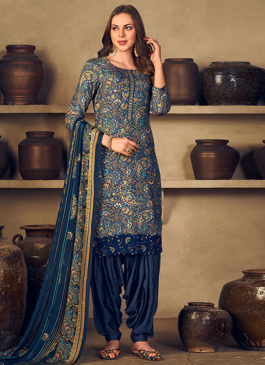 Salwar Suit Muslin Blue Embroidered Salwar Kameez