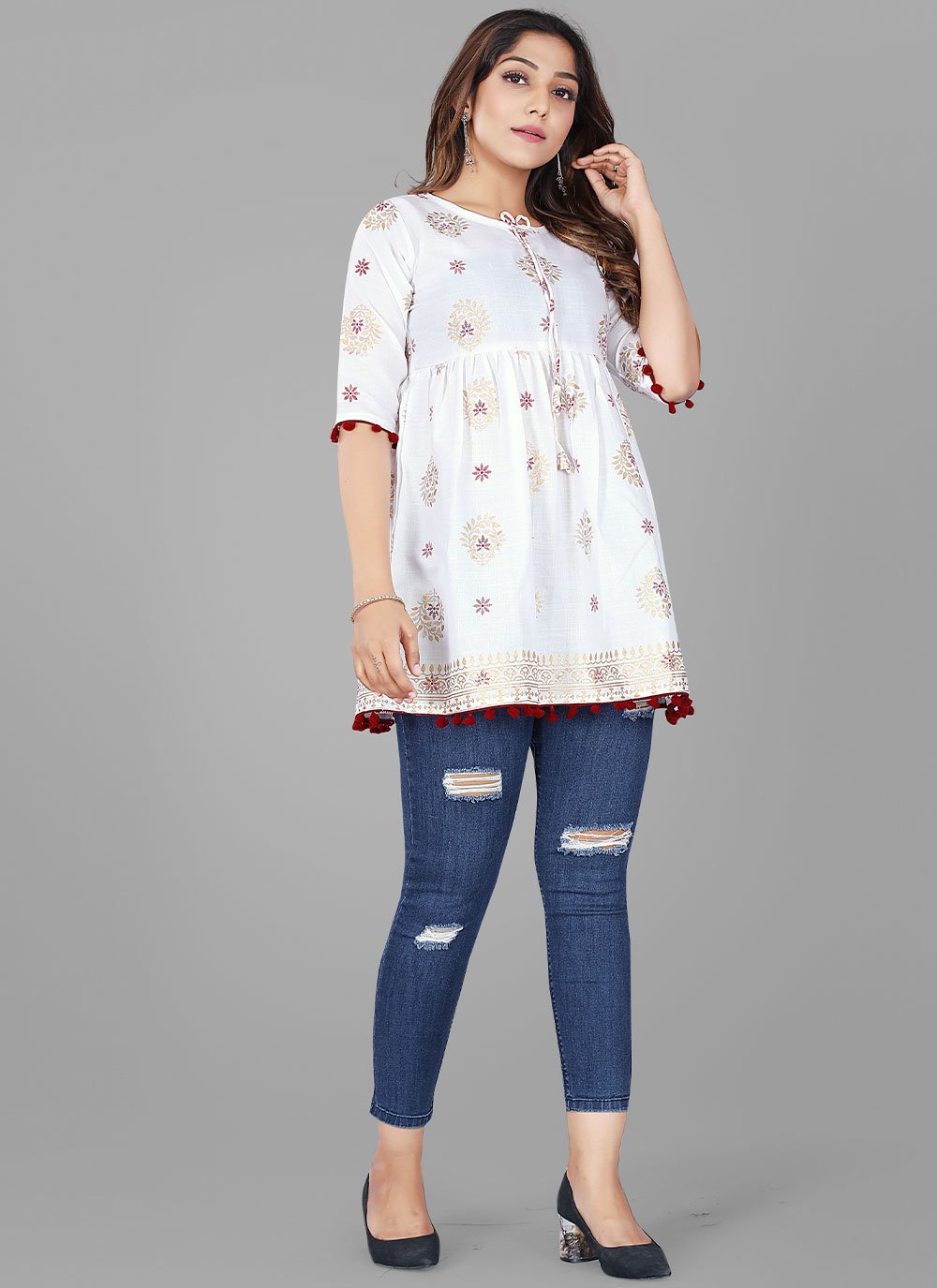 Party Wear Kurti Cotton White Print Kurtis