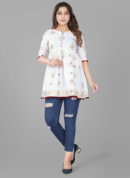 Party Wear Kurti Cotton White Print Kurtis