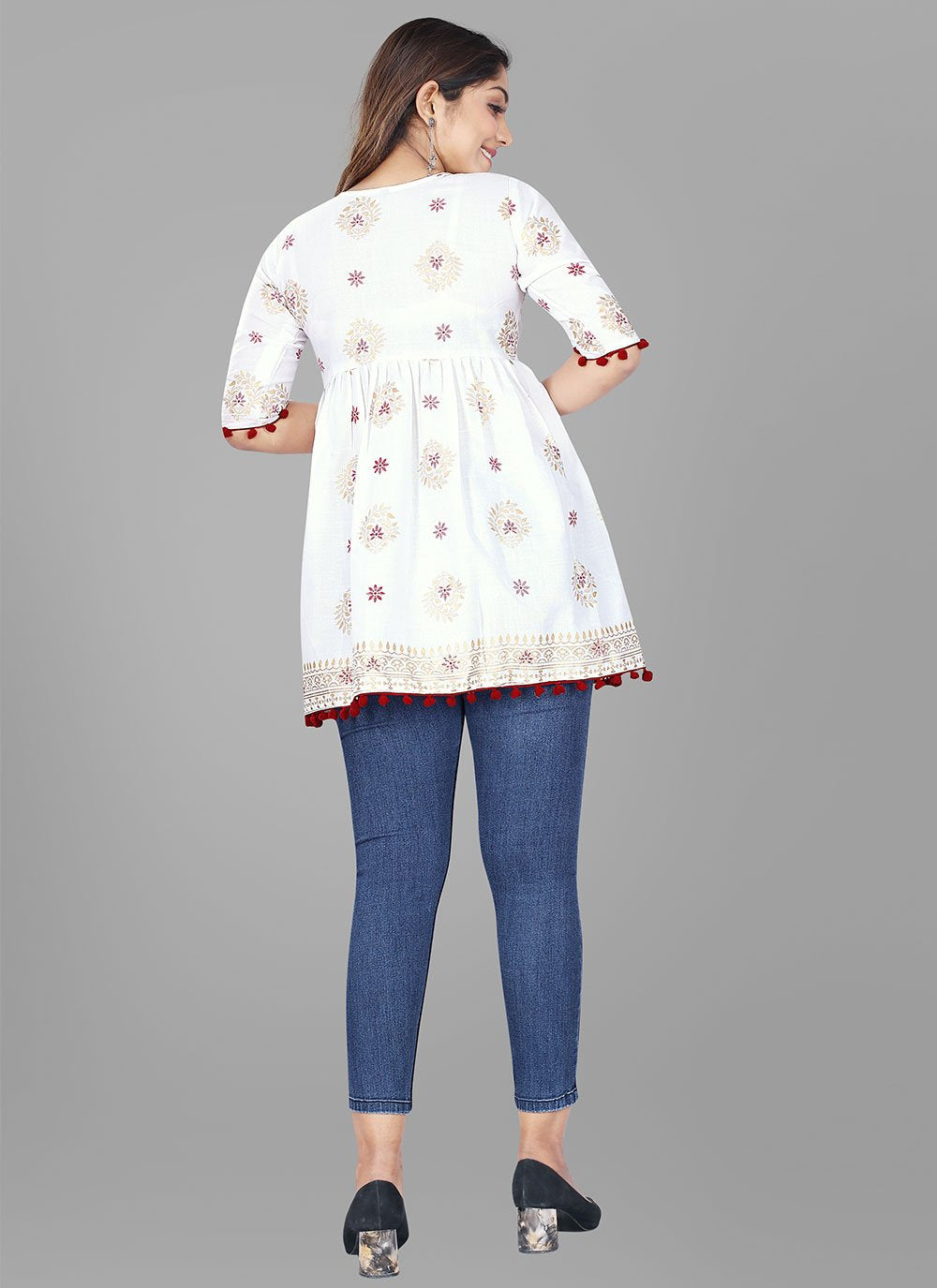 Party Wear Kurti Cotton White Print Kurtis