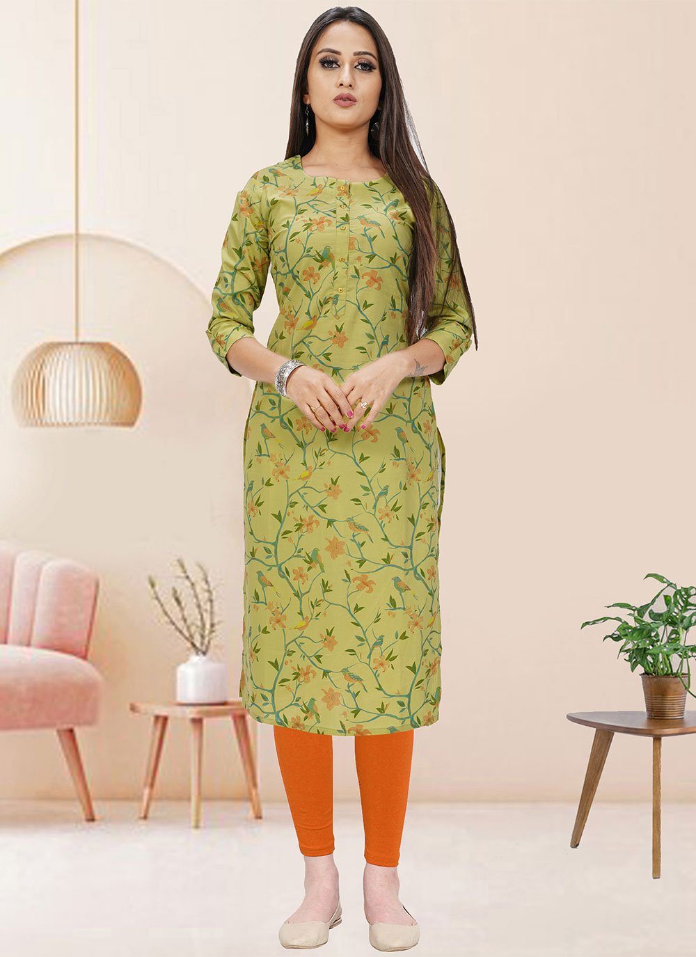 Party Wear Kurti Cotton Green Print Kurtis