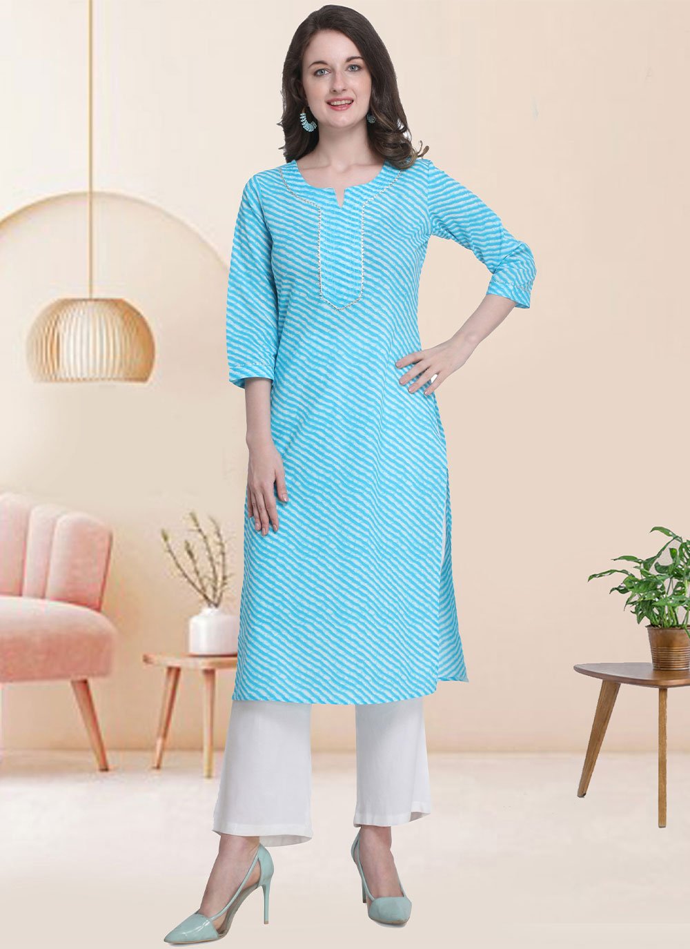 Party Wear Kurti Cotton Aqua Blue Print Kurtis