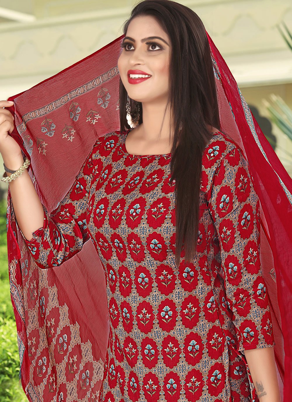 Patiala Suit Pashmina Maroon Print Salwar Kameez