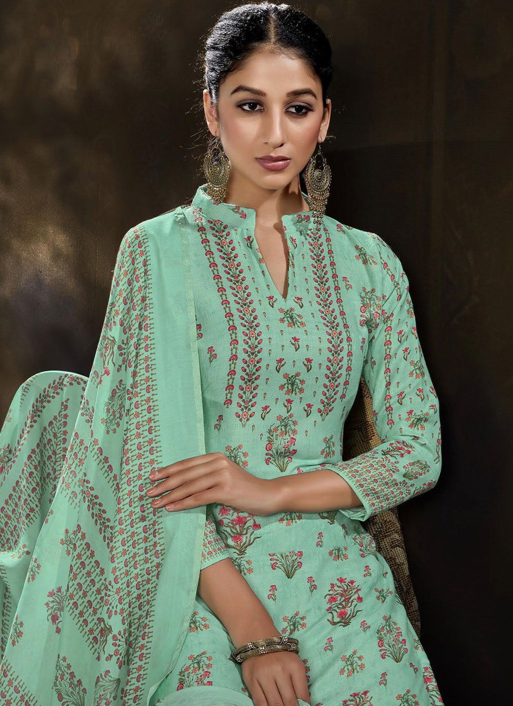 Palazzo Salwar Suit Pashmina Sea Green Print Salwar Kameez