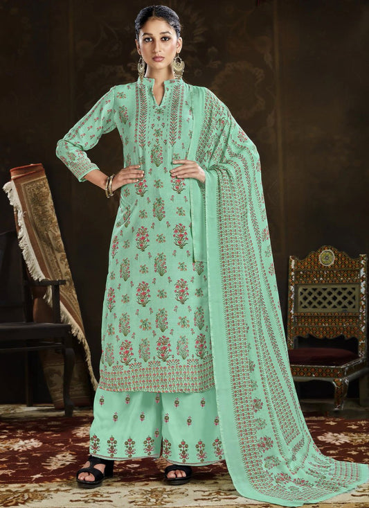 Palazzo Salwar Suit Pashmina Sea Green Print Salwar Kameez