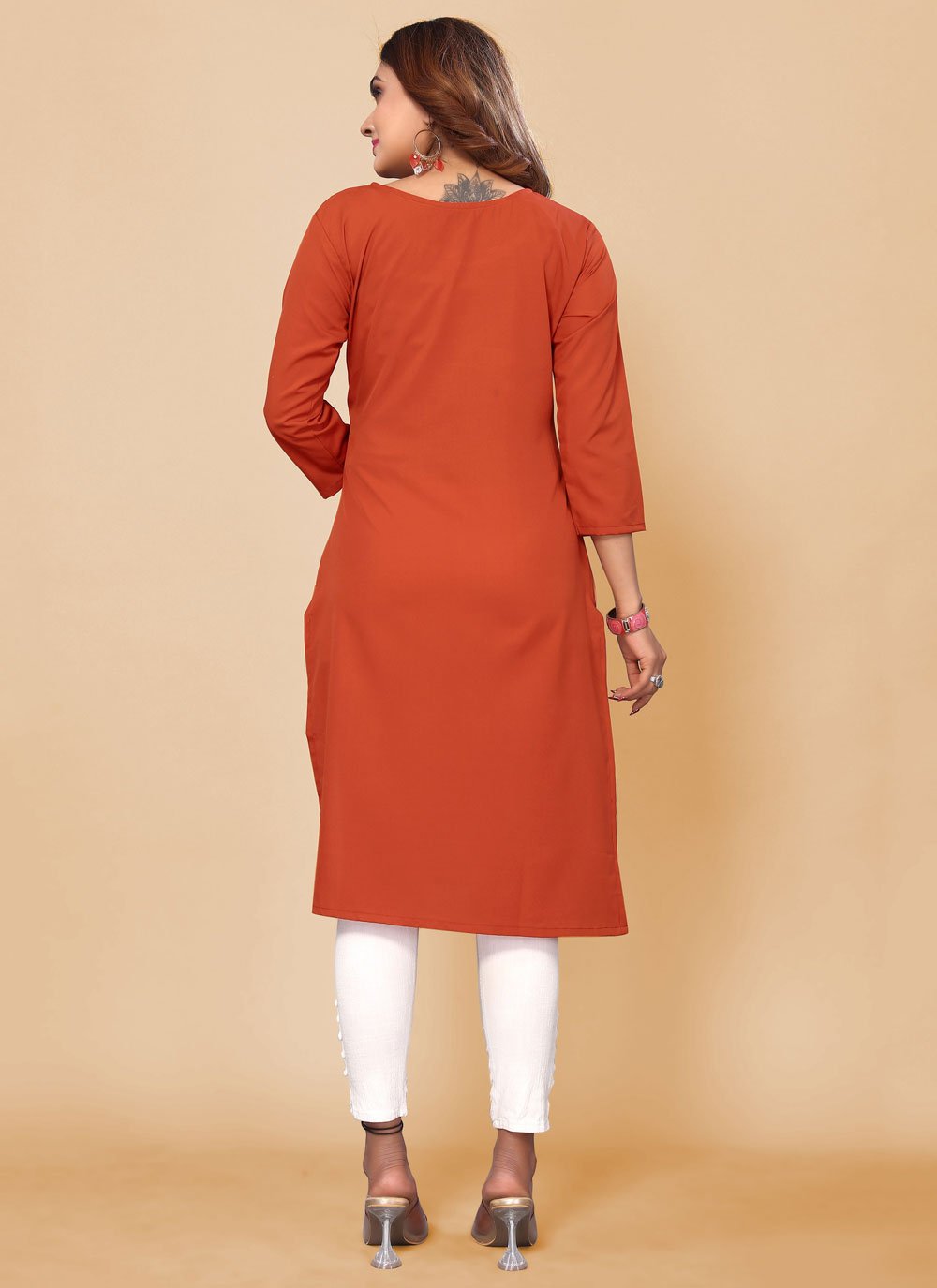 Casual Kurti Faux Crepe Peach Print Kurtis