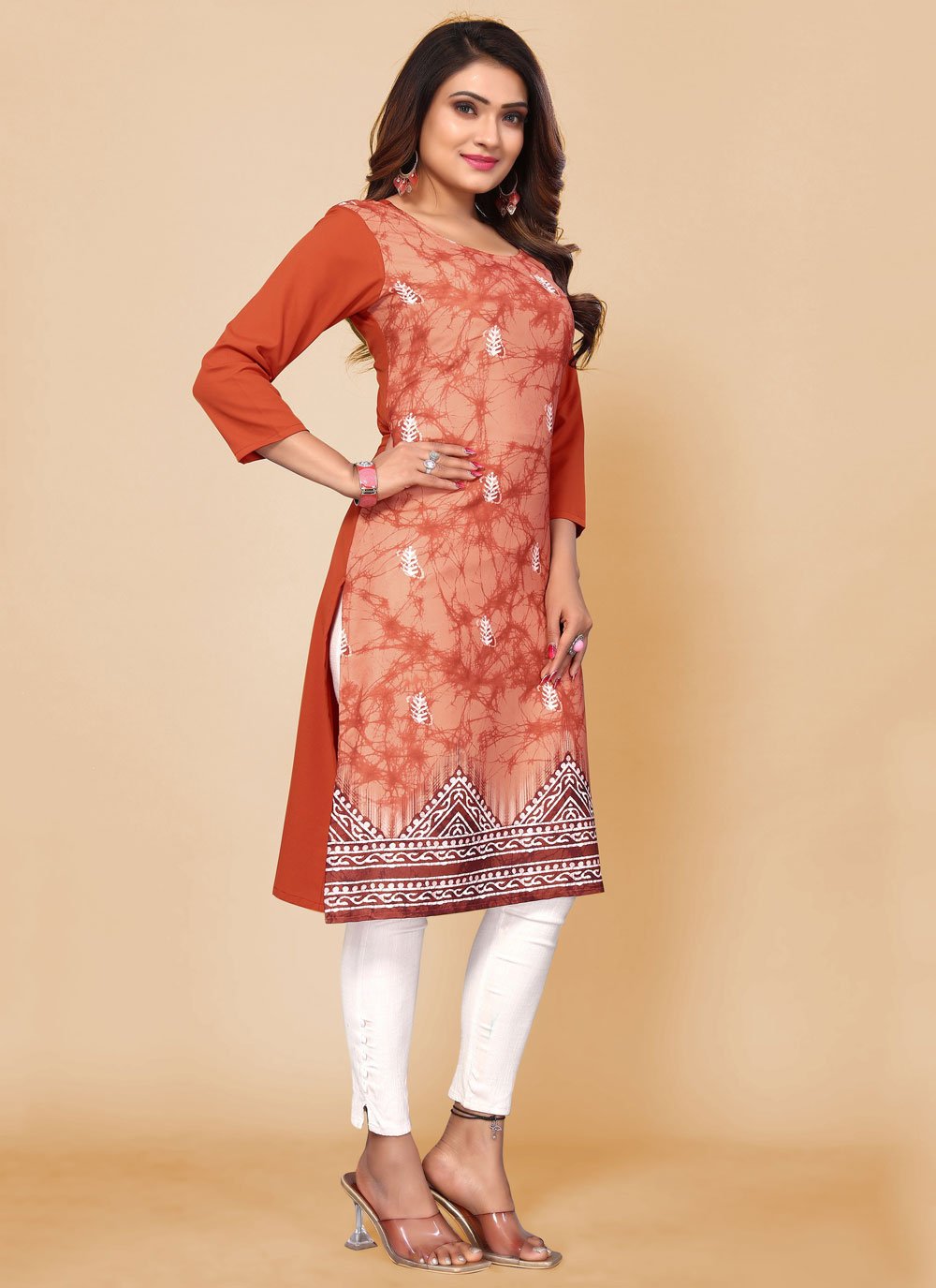 Casual Kurti Faux Crepe Peach Print Kurtis