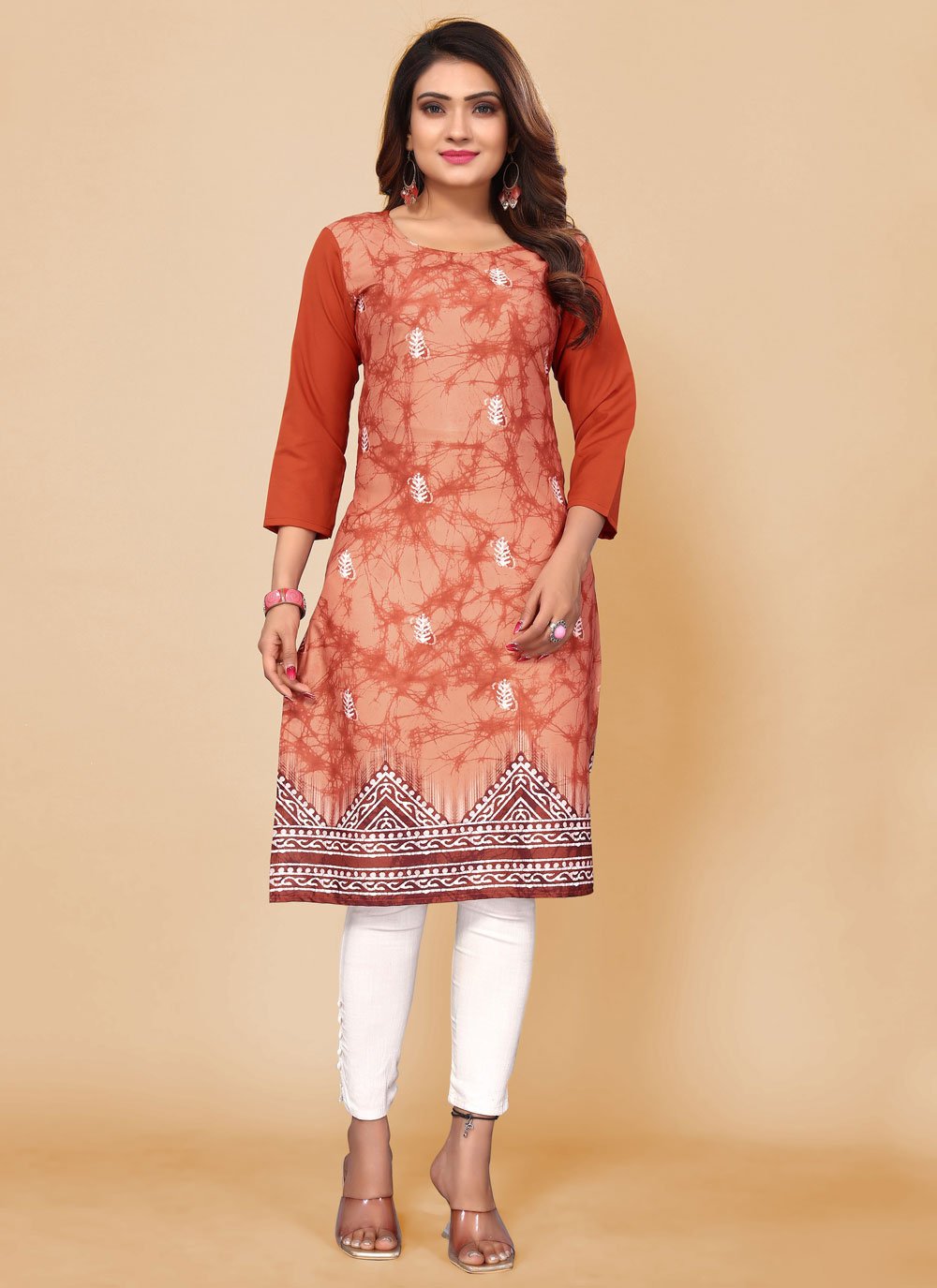 Casual Kurti Faux Crepe Peach Print Kurtis