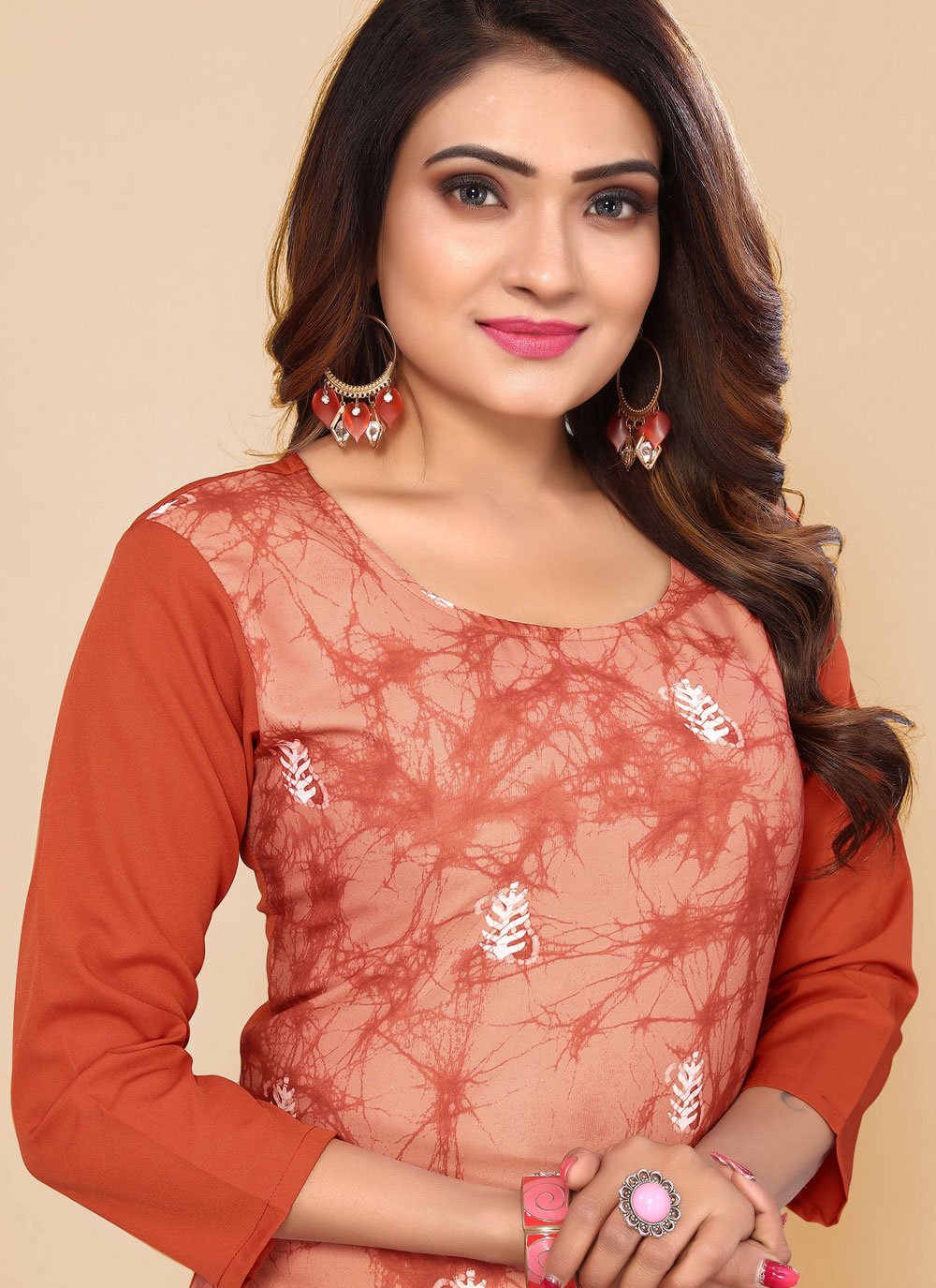 Casual Kurti Faux Crepe Peach Print Kurtis