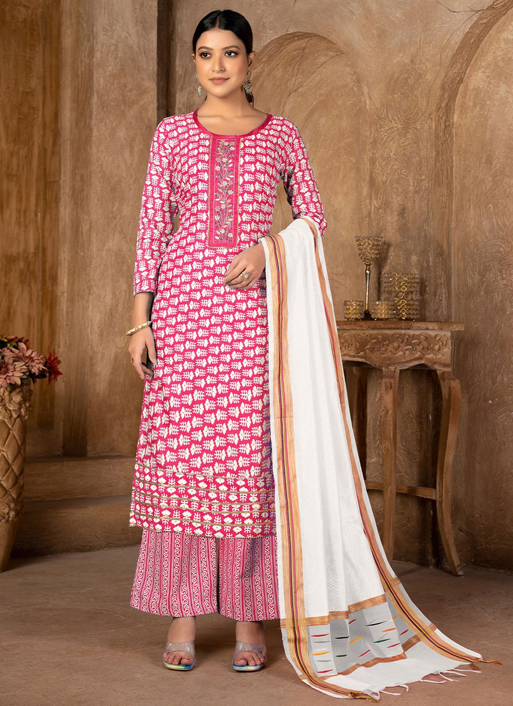 Palazzo Salwar Suit Cotton Pink Print Salwar Kameez