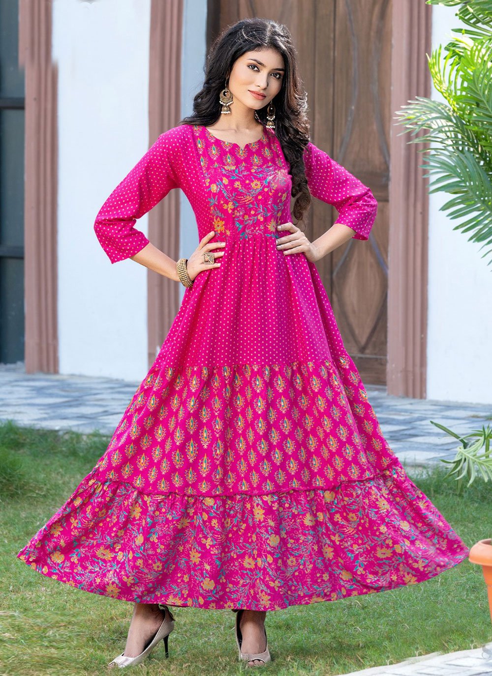 Designer Gown Rayon Pink Print Gown