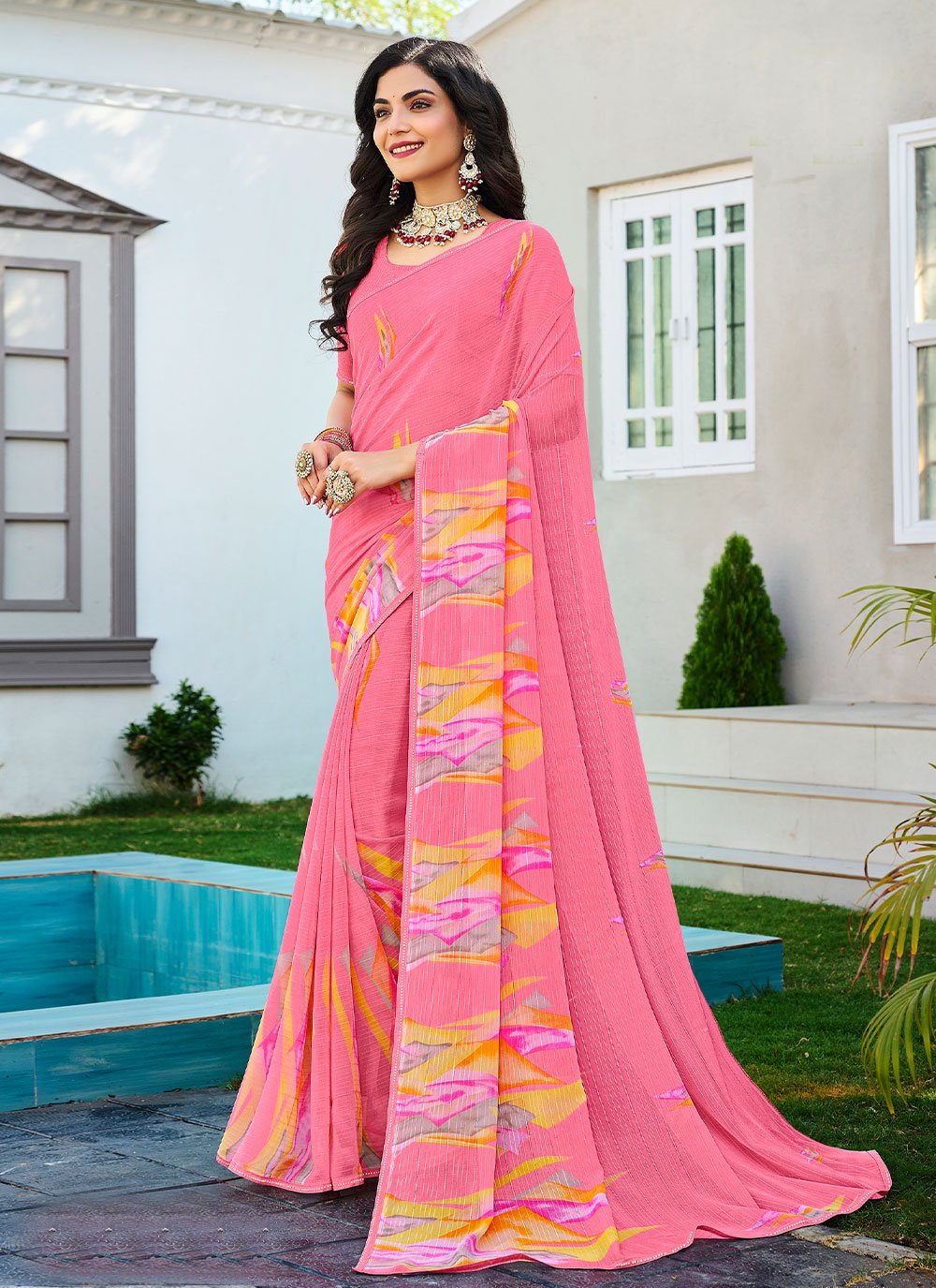 Classic Designer Georgette Pink Fancy Work Saree