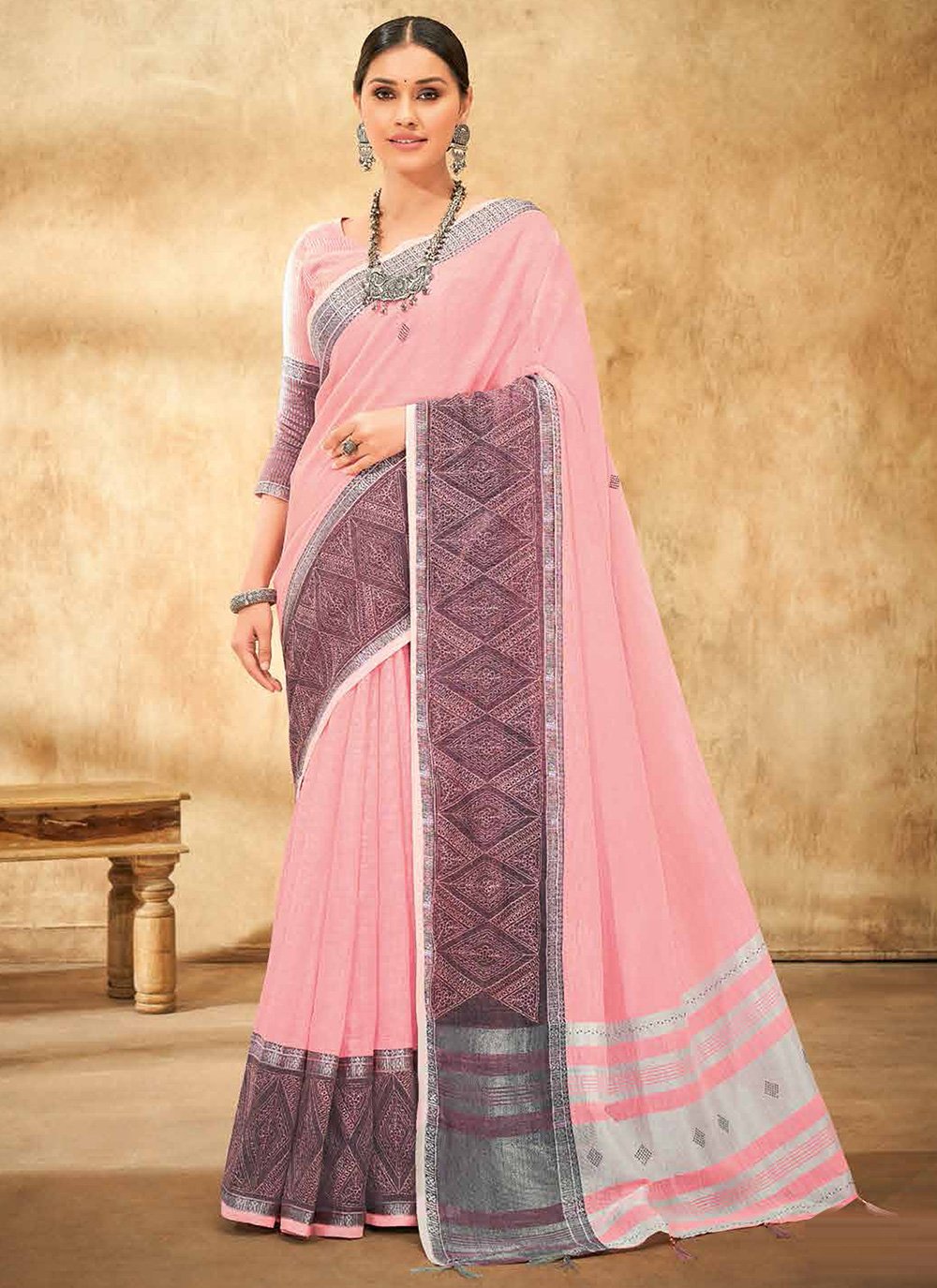 Classic Linen Pink Print Saree