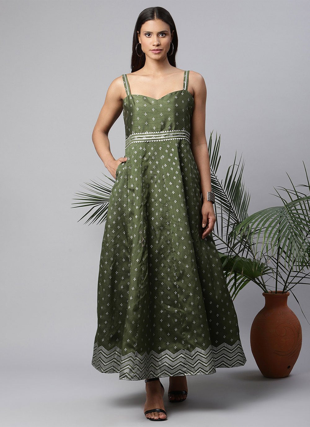 Floor Length Kurti Poly Silk Green Print Kurtis