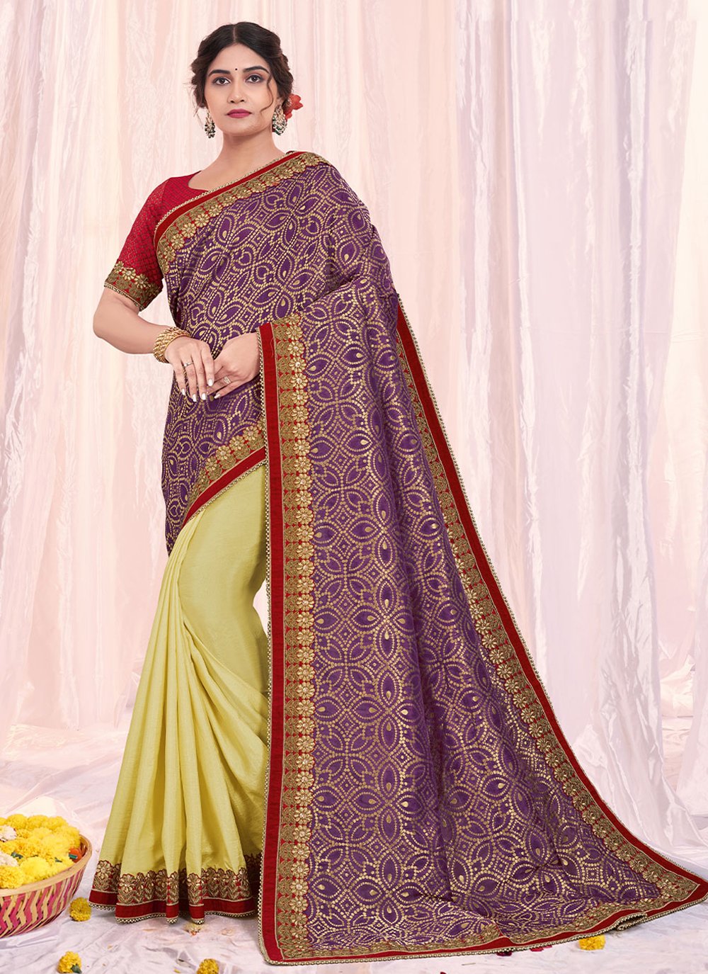 Classic Silk Purple Yellow Print Saree