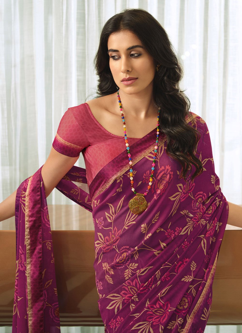 Casual Georgette Purple Lace Saree