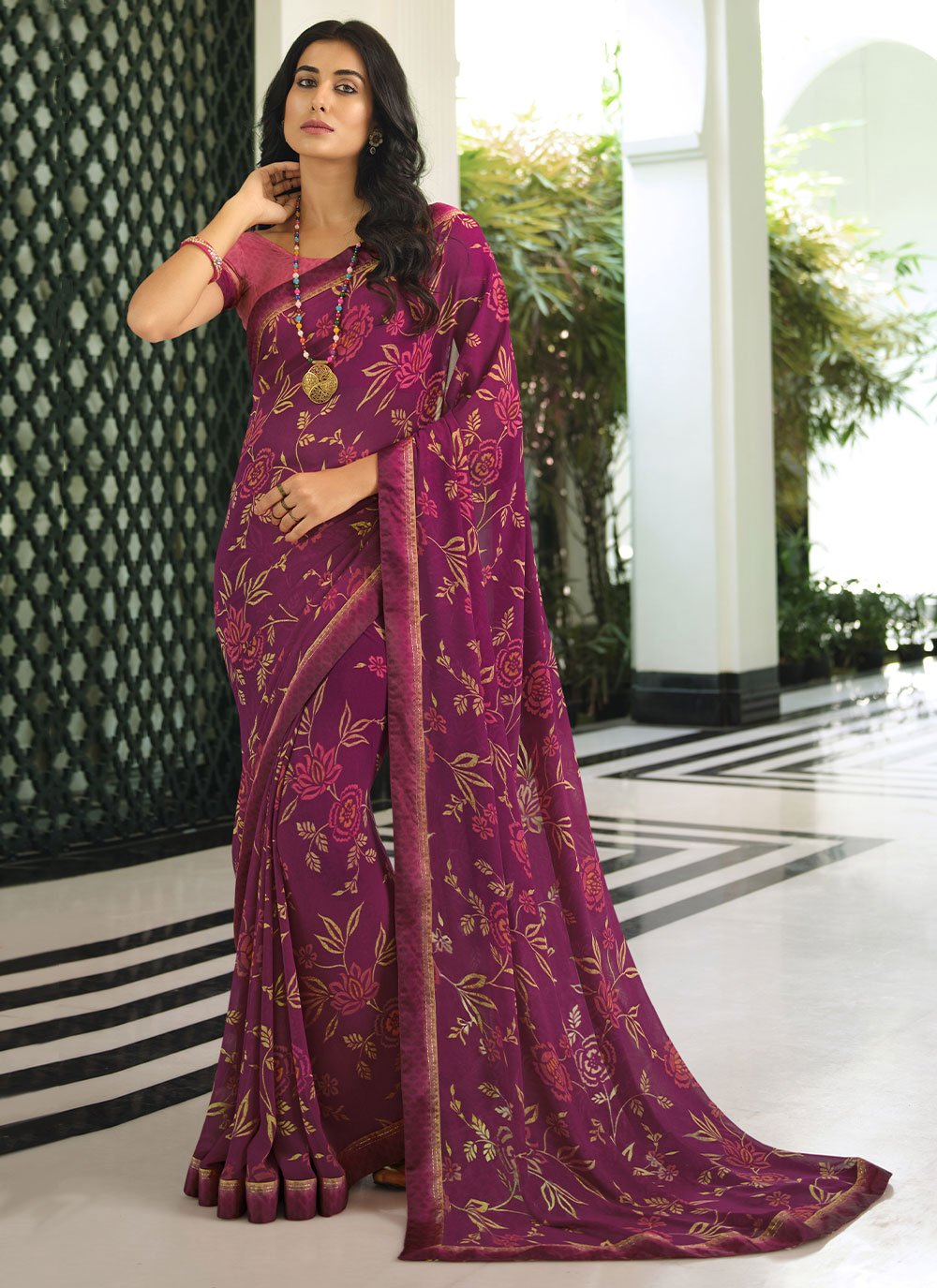 Casual Georgette Purple Lace Saree