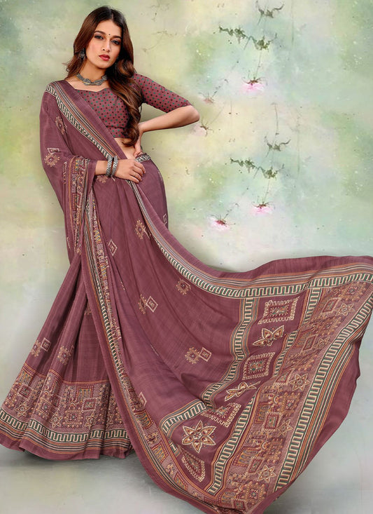 Contemporary Pure Crepe Purple Print Saree