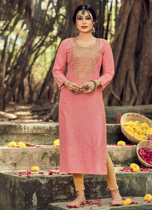 Party Wear Kurti Rayon Pink Embroidered Kurtis